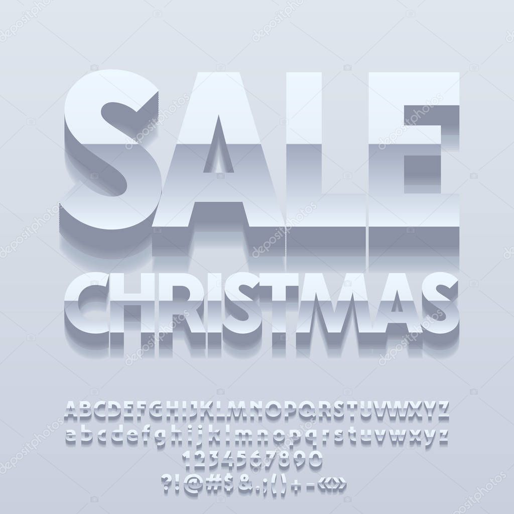 Vector Christmas Sale Banner. Creative banner with Alphabet Letters, Numbers, Symbols. White Glossy Font contains Graphic Style