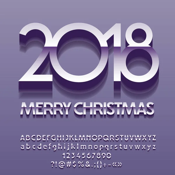 Vektor original Frohe Weihnachten 2018 Grußkarte. Alphabet aus Buchstaben, Symbolen und Zahlen. violette Schrift enthält grafischen Stil — Stockvektor