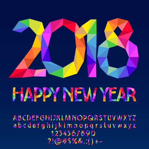 Vector patched Happy New Year 2018 greeting card. Bright Alphabet letters, Symbols and Numbers. — Stock Vector