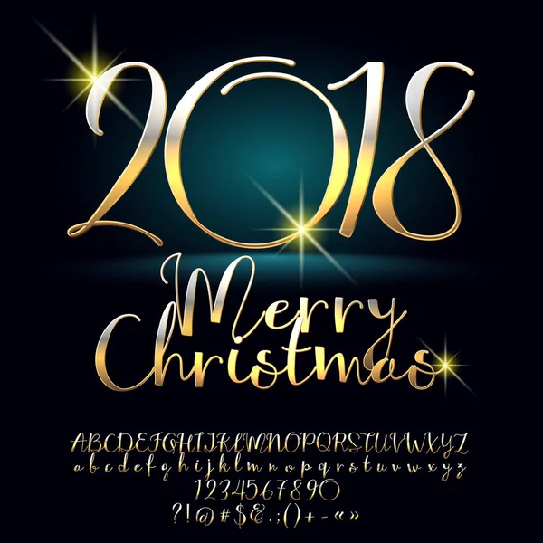 Vector chique Golden wenskaart Merry Christmas 2018. Kalligrafische set Alfabetletters, cijfers en symbolen. Lettertype bevat grafische stijl — Stockvector