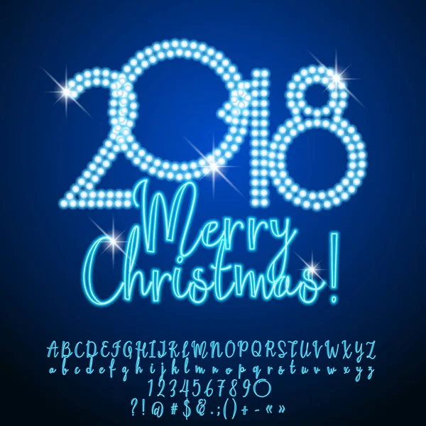 Vector lykønskningskort Glædelig jul 2018. Neon banner til casino, klub, underholdning fest. Sæt af kalligrafiske bogstaver, tal, symboler. Indeholder grafisk stil – Stock-vektor