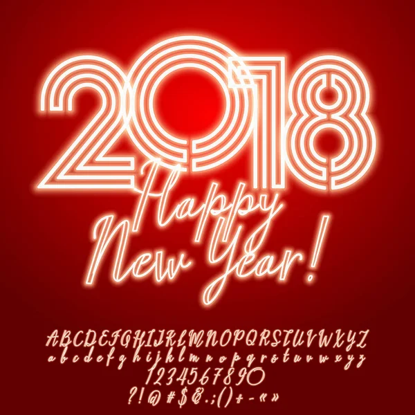 Tarjeta de felicitación Vector Neon Feliz Año Nuevo 2018. Conjunto caligráfico de letras, números y símbolos del alfabeto . — Archivo Imágenes Vectoriales