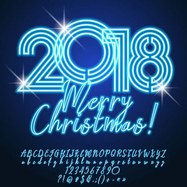 Carte de vœux vectorielle chic néon Joyeux Noël 2018. Ensemble de lettres, de chiffres et de symboles alphabétiques . — Image vectorielle