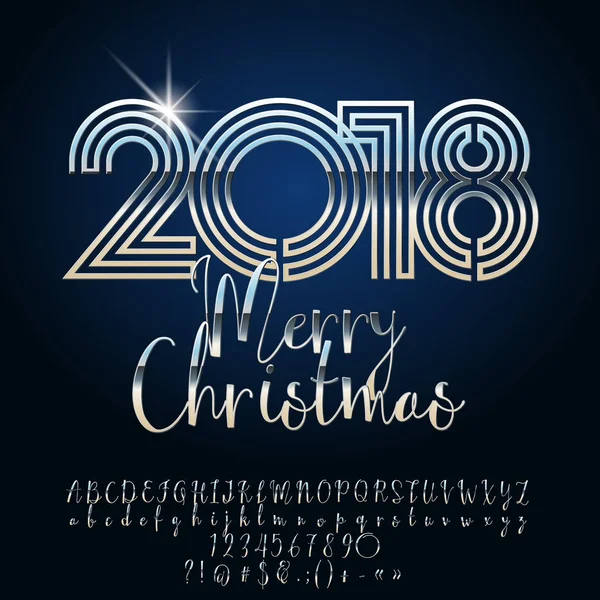 Vektor Luxus-Grußkarte frohe Weihnachten 2018. chic königlichen Satz von Alphabet Buchstaben, Zahlen und Symbole. silberne Schrift enthält grafischen Stil — Stockvektor