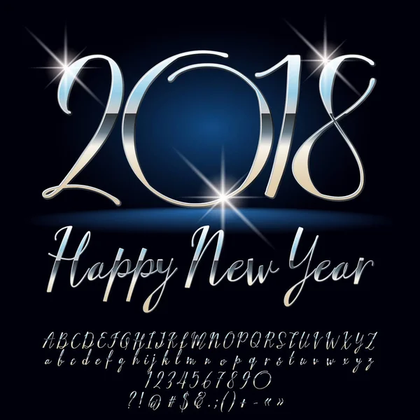 Vektor luxus ezüst üdvözlés boldog új év 2018. Elegáns Royal sor ábécé betűit, számokat és szimbólumokat. Kalligrafikus betűtípust tartalmaz grafikus stílus — Stock Vector