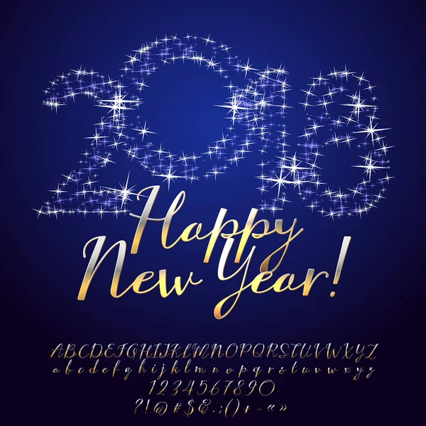 Vektor csillagok üdvözlőlap boldog új év 2018. Kalligrafikus készlet-ból ABC, számok és szimbólumok — Stock Vector