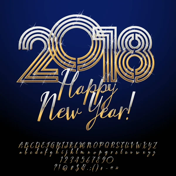 Векторні royal Вітальна листівка щасливого нового року 2018 році. Шикарний набір букви алфавіту, цифри та символи. Золотий шрифт містить стиль графіки — стоковий вектор