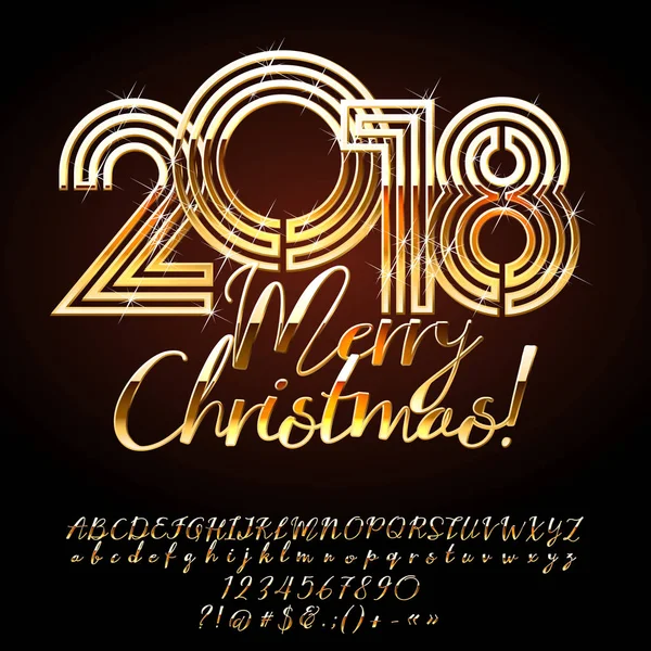 Vektoros királyi üdvözlőlap Merry Christmas 2018. Elegáns sor ábécé betűit, számokat és szimbólumokat. Golden Star betűtípus tartalmaz grafikus stílus — Stock Vector