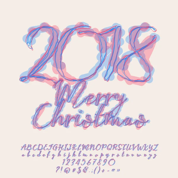 Vektor-Aquarell-Grußkarte frohe Weihnachten 2018. Kalligraphie-Set aus Buchstaben, Zahlen und Symbolen. Schriftart enthält grafischen Stil — Stockvektor