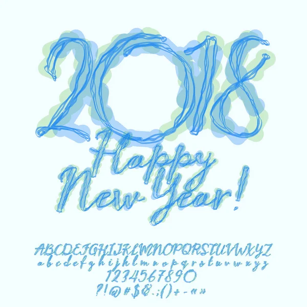 Tarjeta de felicitación Vector Acuarela Feliz Año Nuevo 2018. Caligrafía conjunto de letras del alfabeto, números y símbolos. Fuente contiene estilo gráfico — Archivo Imágenes Vectoriales