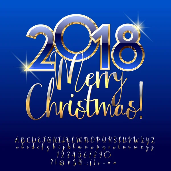 Vecteur bleu et or Joyeux Noël 2018 Carte de voeux. Ensemble alphabet glamour de lettres, symboles et chiffres. Golden Font contient un style graphique — Image vectorielle