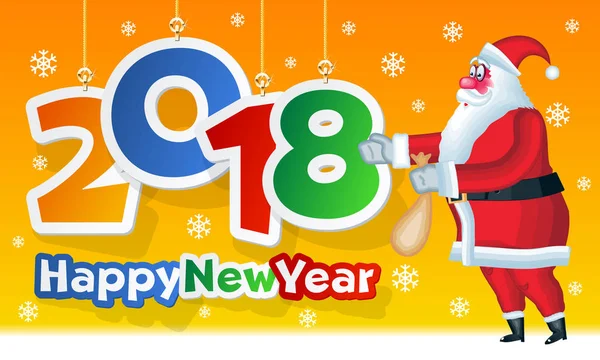 Векторная красочная открытка с забавным Санта-Клаусом и наклейками игрушки С Новым 2018 годом для детей. Содержит графический стиль — стоковый вектор