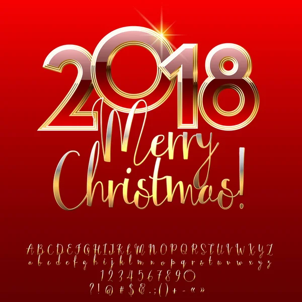 Vector chique Merry Christmas 2018 wenskaart met gouden alfabet Letters, symbolen en cijfers set. — Stockvector