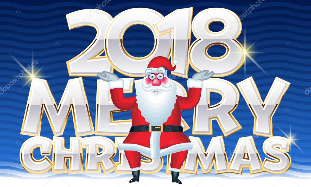 Vector cute Merry Christmas 2018 greeting card with golden shine and funny Santa Claus