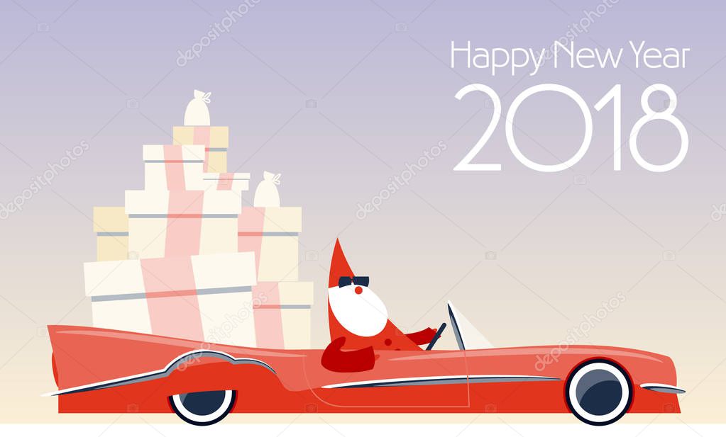 Modern Happy New Year 2018 greeting card with vector stylish Santa Claus driving cabriolet with gifts.