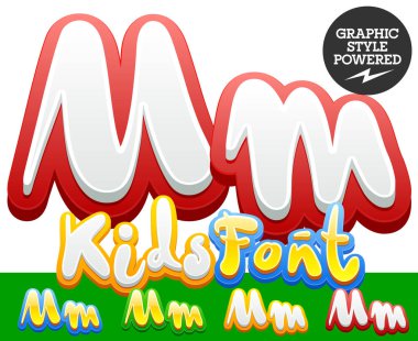 Vektör el komik alfabe yazılı etiket çocuklar yazı tipini ayarla. Farklı grafik stili. Harf M