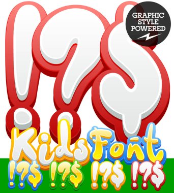 Vektör el komik alfabe yazılı etiket çocuklar yazı tipini ayarla. Farklı grafik stili. Sembol 1