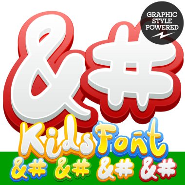 Vektör el komik alfabe yazılı etiket çocuklar yazı tipini ayarla. Farklı grafik stili. Sembol 2