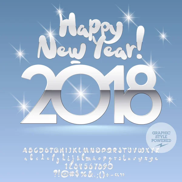 문자, 기호 및 숫자의 집합으로 눈 행복 새 해 2018 인사말 카드 벡터. 글꼴 포함 그래픽 스타일 — 스톡 벡터