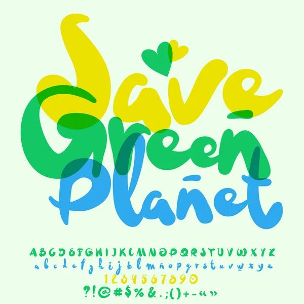 Logo ecologico vettoriale Save Green Planet. Set vettoriale di lettere, numeri e simboli ad acquerello brillante — Vettoriale Stock