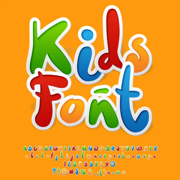 Vetor colorido engraçado incomum Kids Font. Letras escritas à mão do alfabeto, números e símbolos da pontuação —  Vetores de Stock