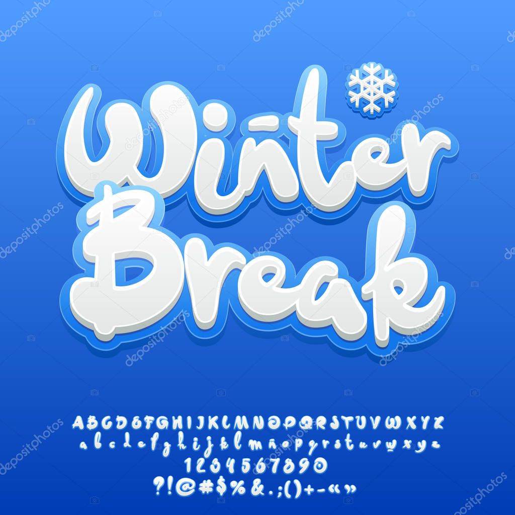 Vector snow white cute text Winter Break. Set of handmade sticker style Alphabet letters, Numbers and Symbols