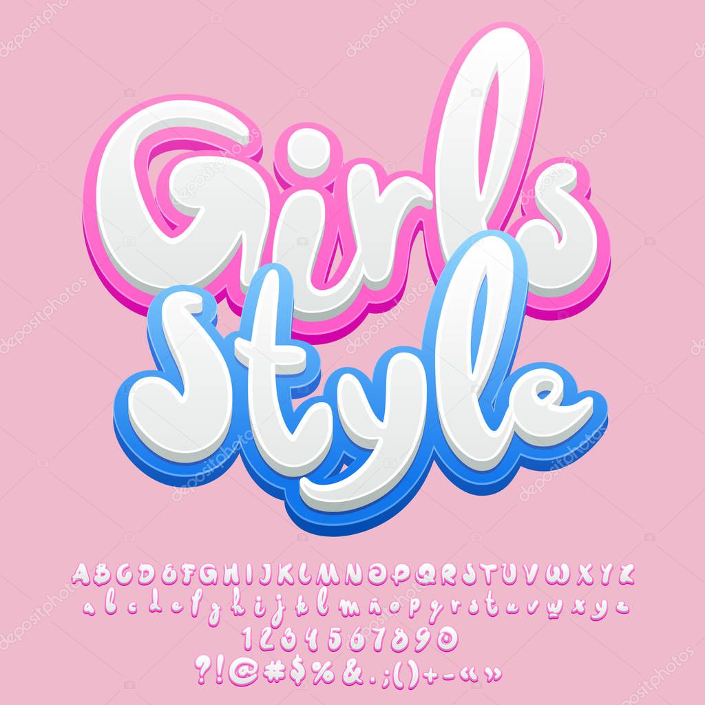 Vector pink sweet banner Girls style. Set of soft Alphabet letters, Numbers and Symbols.