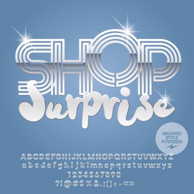 Gümüş alfabesinde geçerli olan harfleri vektör kümesi. Yazı tipi grafik stili içerir. Metin Dükkanı sürpriz vektör simgesi.