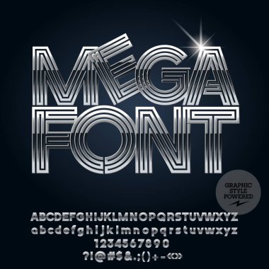 Şık krom alfabesi harfleri, sayıları ve noktalama işaretlerini sembolleri vektör kümesi. Yazı tipi Silver style ile.