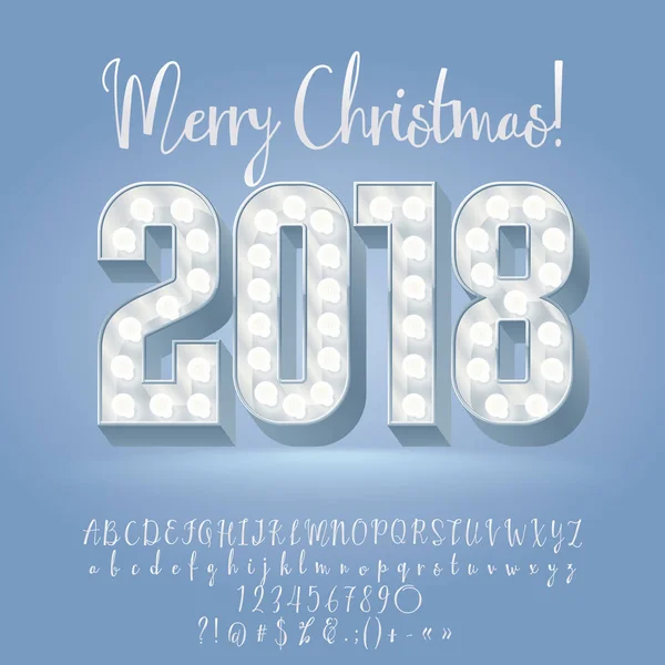 Vektor Leuchtet Frohe Weihnachten 2018 Grußkarte Kaligraphische Buchstaben Zahlen Symbole — Stockvektor