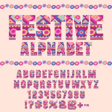 Vektör indie stil parlak kalıbı alfabe tanımlar. Güzel sayıları Festival rengarenk harfleri ve sembolleri