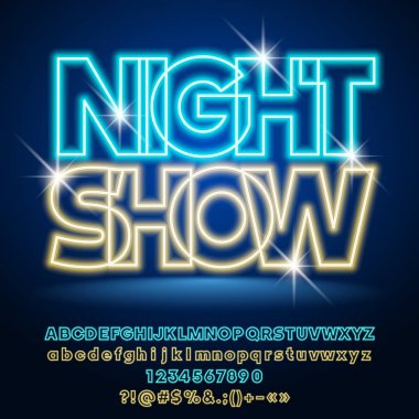Neon ışık vektör parlak afiş gece göstermek. Elektrik modern alfabe harfler, sayılar ve simgeler kümesi