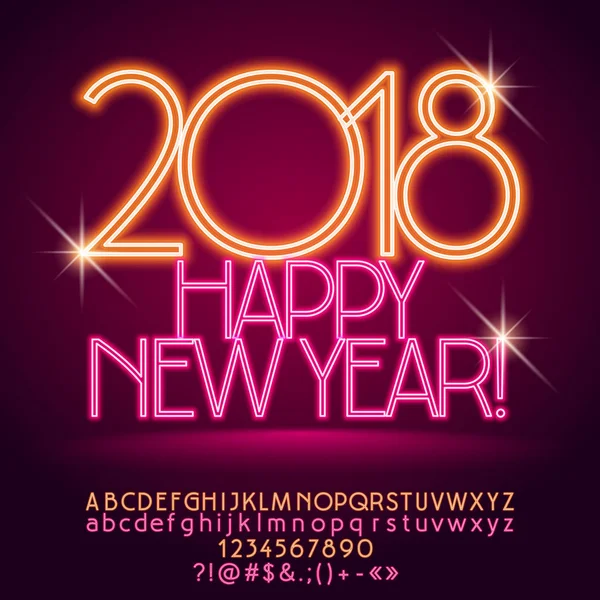 ベクトル カラフルなネオン幸せ 2018 年賀文字 記号および数字のセットで — ストックベクタ