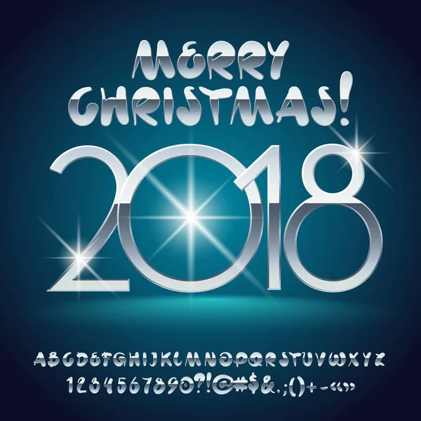Vektoros Csillogó Üdvözlőlap Merry Christmas 2018 Elegáns Sor Ábécé Betűit — Stock Vector