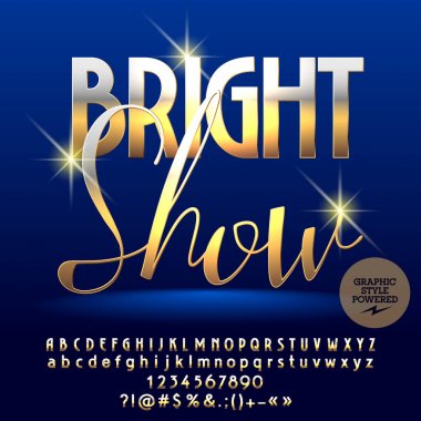 Vektör gizemli parlak poster parlak göstermek. Şık kaligrafi Alfabe harf, sayı ve sembol kümesi. Grafik stili ile altın yazı tipi.