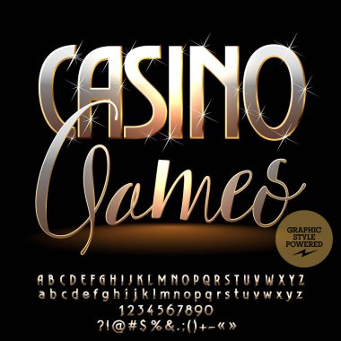 Vektör şık köpüklü logo Casino Oyunları. Lüks altın alfabe harfler, sayılar ve noktalama işareti birleşimlerinden. Grafik stili ile elit yazı tipi