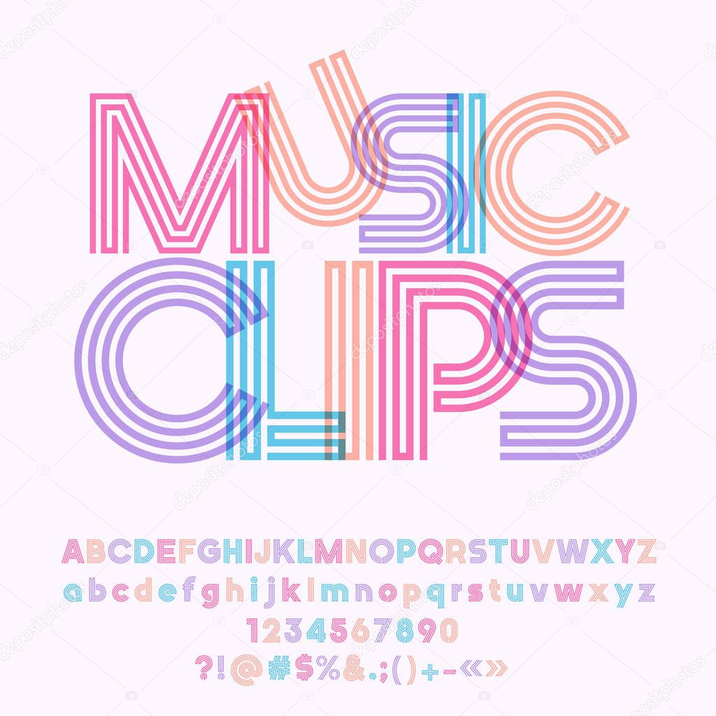 Vector colorful geometric poster Music Clips. Set of cool tube Alphabet letters, Numbers and Symbols
