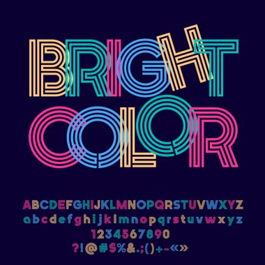Parlak renkli logosu ile metin parlak renk. Vektör alfabesi harfleri, sayıları ve noktalama işareti birleşimlerinden
