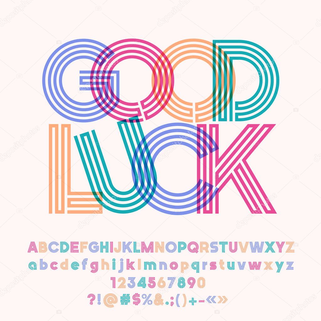 Vector colorful poster Good Luck. Set of cool tube Alphabet letters, Numbers and Symbols