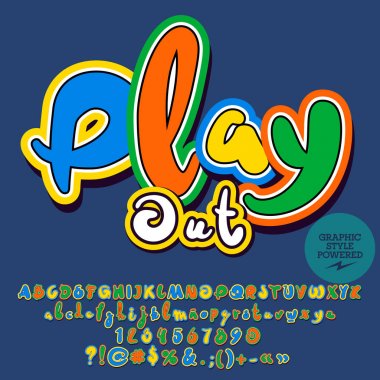 Parlak renkli logosu ile metin oynamak dışarı. El yazılı vektör alfabesi harfleri, sayıları ve noktalama işareti birleşimlerinden. Yazı tipi grafik stiliyle içerir