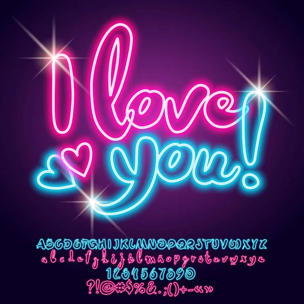 Vector neon light poster I love you with hearts. Set of bright shiny Alphabet Letters, Numbers and Punctuation Symbols