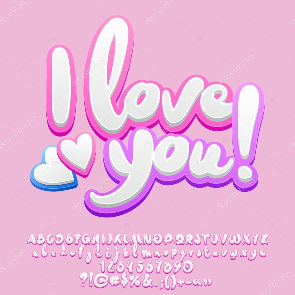 Vector cute tendet Greeting Card I Love You with Hearts. Set of nice Children Alphabet Letters, Numbers and Symbols