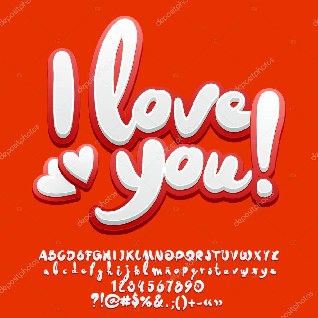 Vector cute greeting card I love you with hearts. Alphabet set with Letters, Numbers and Symbols