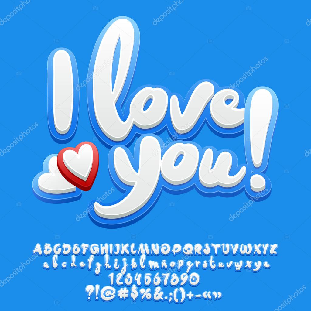 Vector cute blue card I love you with hearts. Set of Alphabet letters, Numbers and Punctuation Symbols