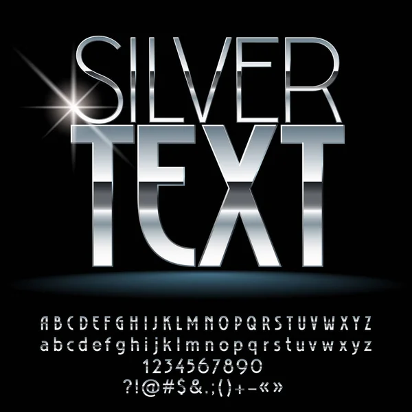 Texte Vectoriel Argenté Ensemble Lettres Symboles Chiffres Alphabétiques Brillants — Image vectorielle