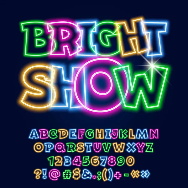 Vector Neon Poster Bright Show Set Colorful Glowing Alphabet Letters — Stock Vector