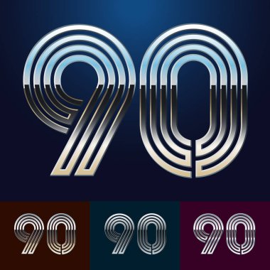 Vektör yansıtıcı soyut alfabe ayarlayın. Farklı metalik renkler. Sayı 9 0