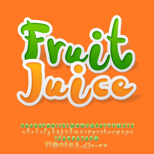 Vektor Színes Matrica Ábécé Gyümölcs Juice Logóval Narancssárga Betűk Számok — Stock Vector