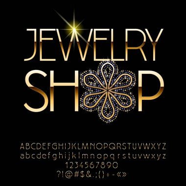 Altın logo Jewerly Dükkanı vektör. İnce harfler, sayılar ve simgeler kümesi.