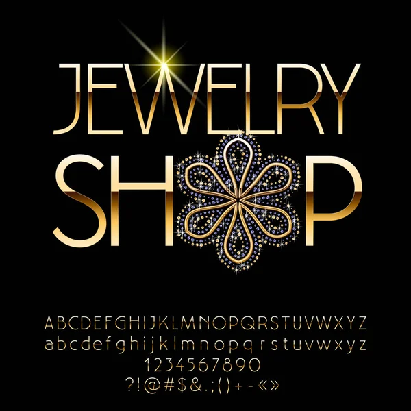 Altın logo Jewerly Dükkanı vektör. İnce harfler, sayılar ve simgeler kümesi.
